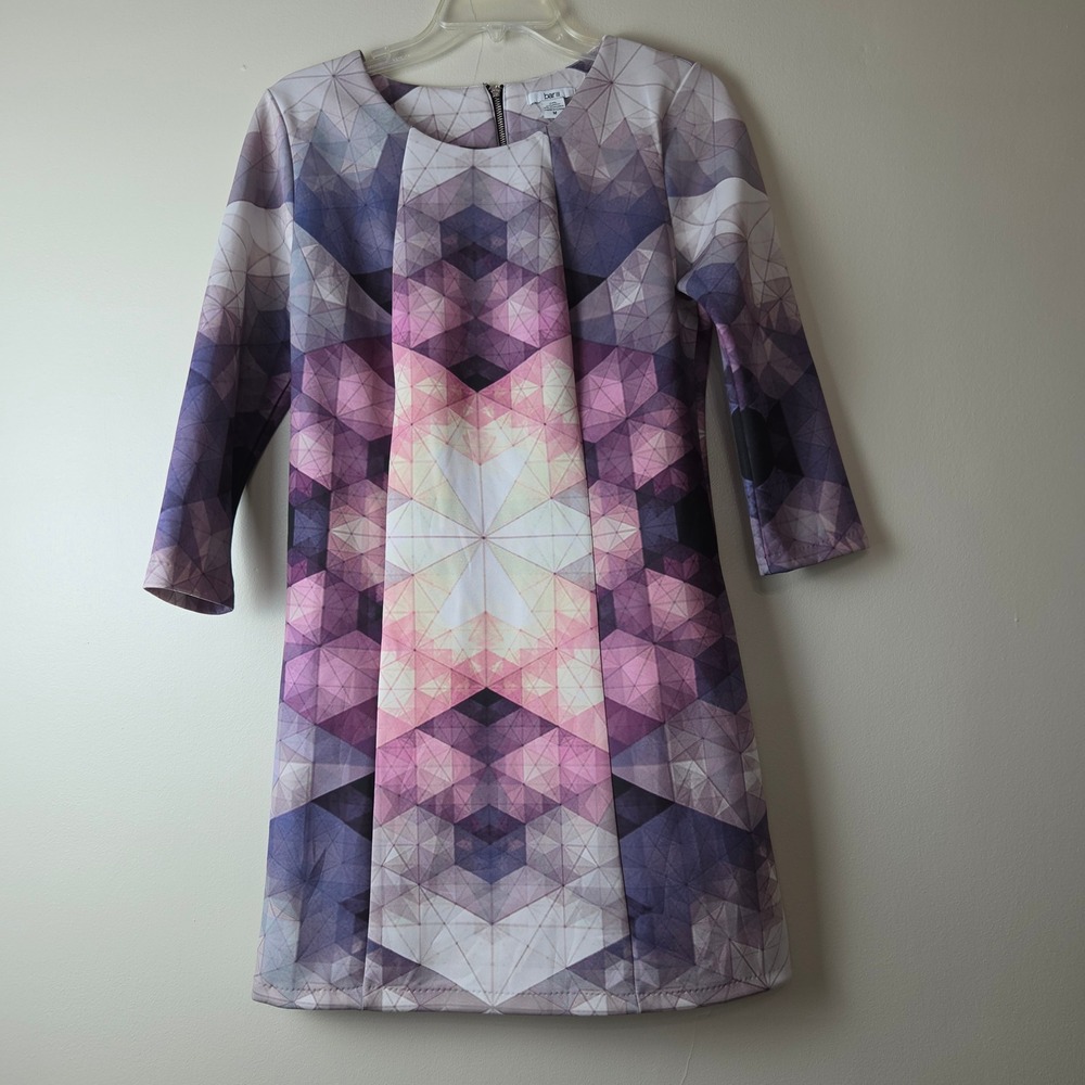 Bar III Womens Purple Geometric Kaleidoscope Print 3/4 Sleeve Mini Shift Dress M